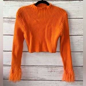 SHEIN Curve Ribbed Knit Cropped Sweater – OXL – Orange with Feather Cuffs🔥🔥🔥